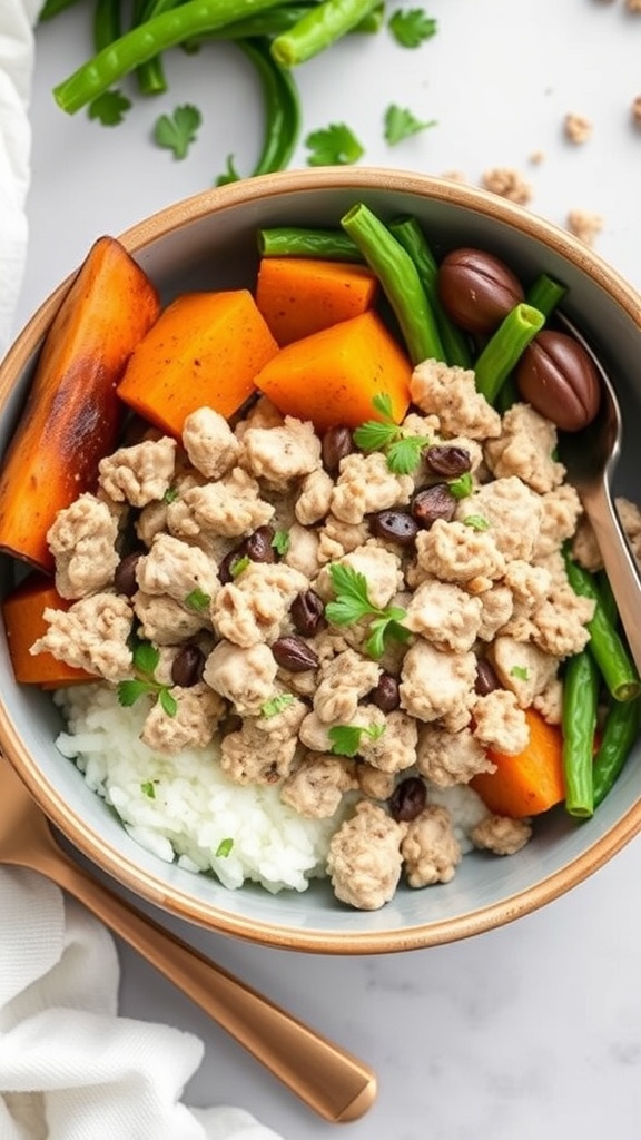 A bowl of turkey and sweet potato meal prep with rice, green beans, and black beans.