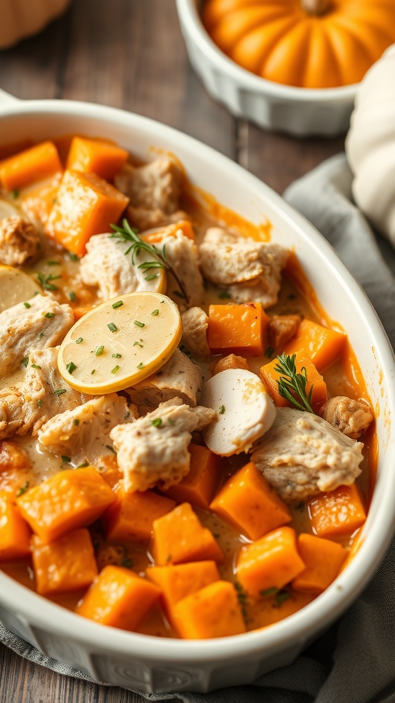 A delicious Turkey and Sweet Potato Casserole in a white dish, garnished with herbs.