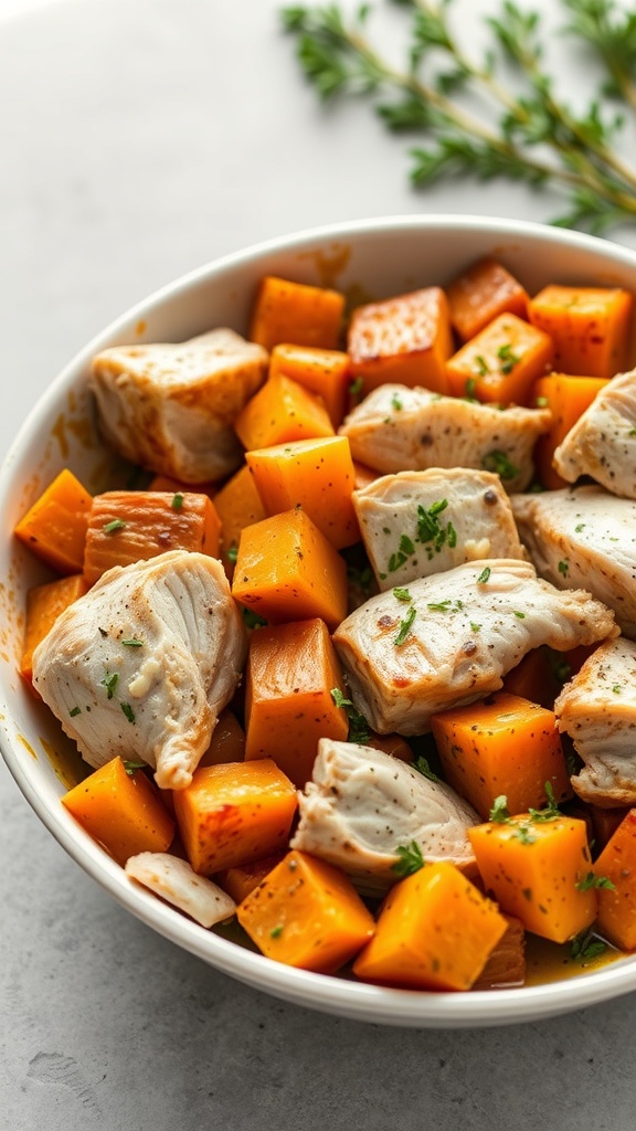 A skillet filled with turkey and sweet potatoes, garnished with parsley.