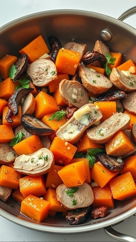 Sauteed turkey and sweet potato mixture in a skillet