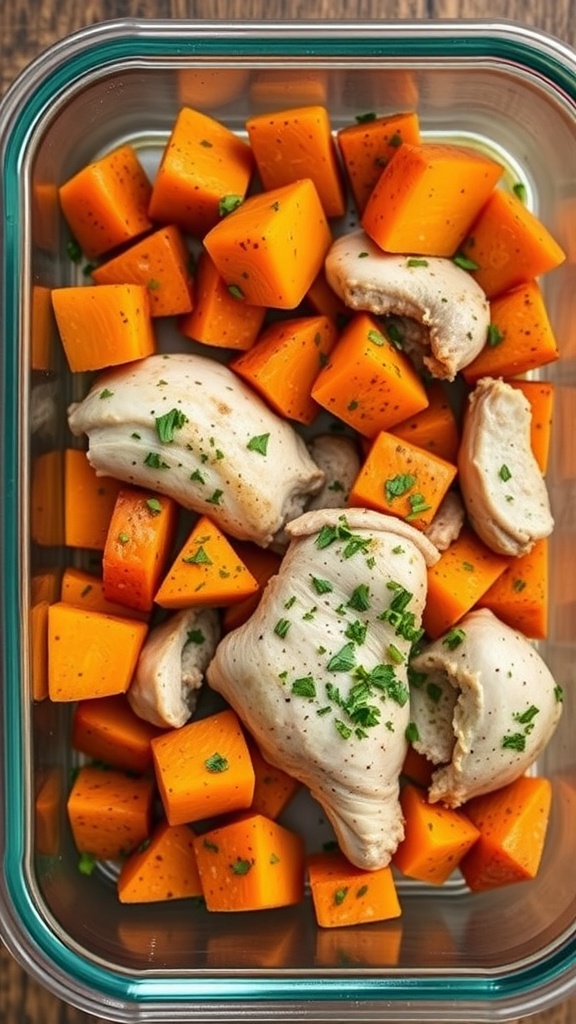 A meal prep container filled with diced sweet potatoes and cooked turkey, garnished with parsley.