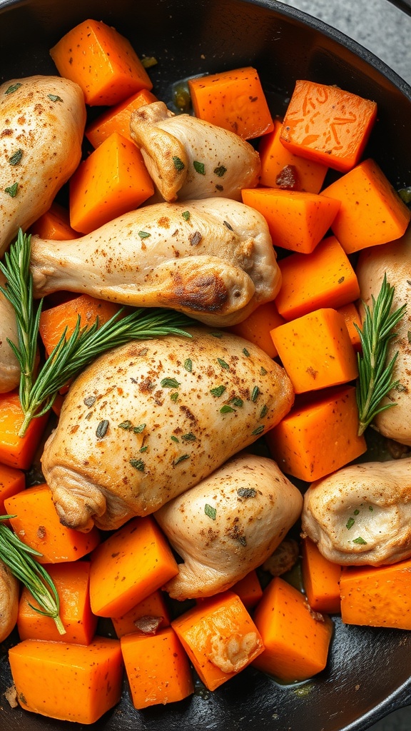 A skillet filled with cooked turkey and diced sweet potatoes, garnished with herbs.