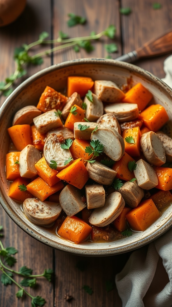 A bowl of turkey and sweet potato skillet with fresh cilantro on top.