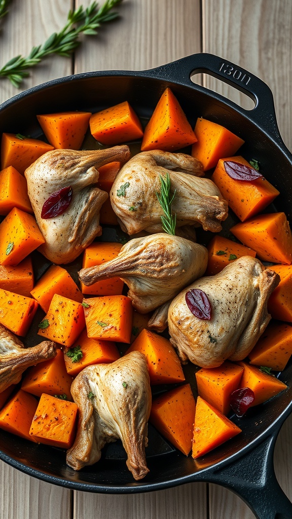 A skillet filled with cooked turkey and diced sweet potatoes, garnished with herbs.
