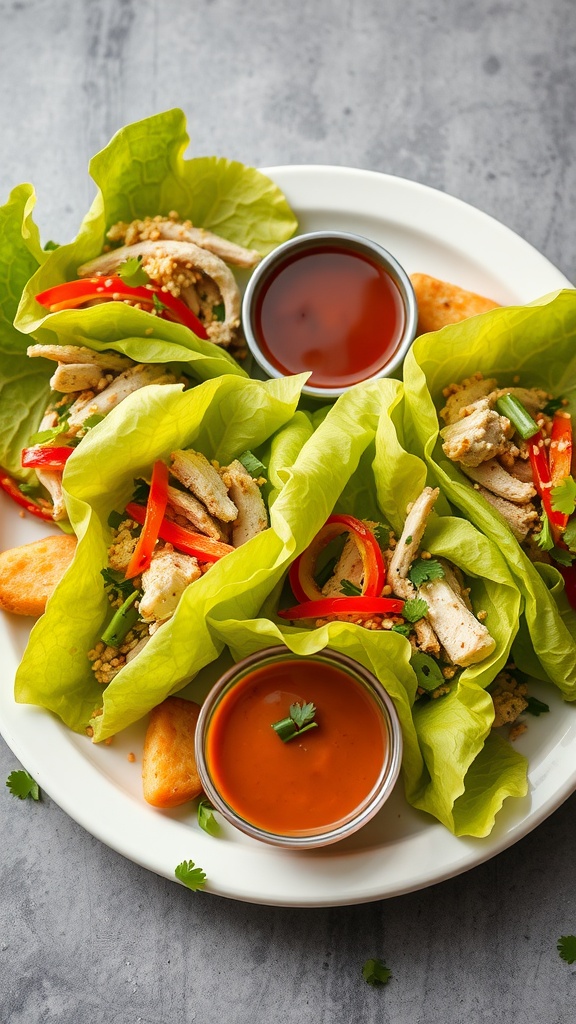 Turkey and vegetable lettuce wraps on a plate with dipping sauce