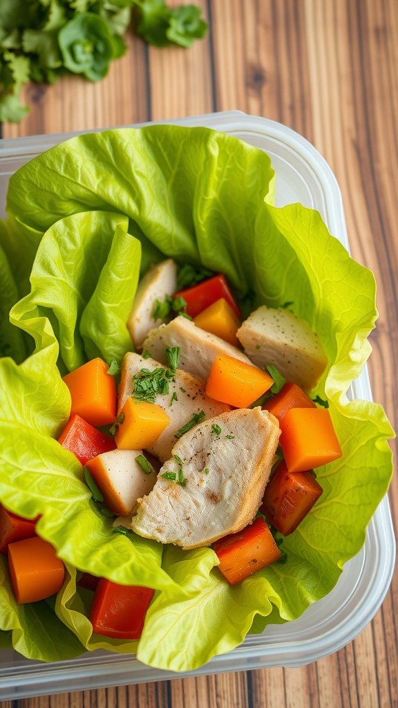 Turkey and vegetable lettuce wraps with colorful ingredients in a container