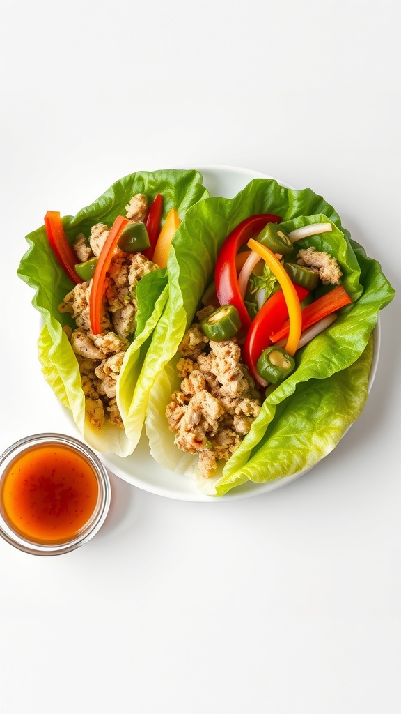 Turkey and vegetable lettuce wraps with a side of dipping sauce