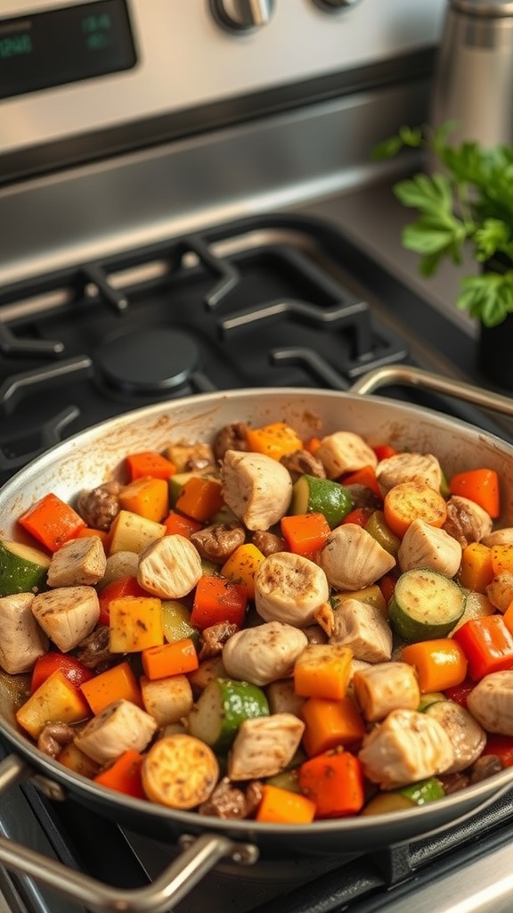 A colorful turkey and vegetable skillet cooking on a stove.