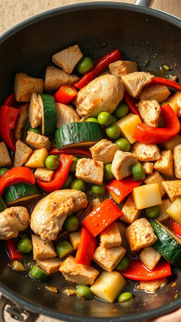A colorful turkey and vegetable stir-fry in a black skillet.