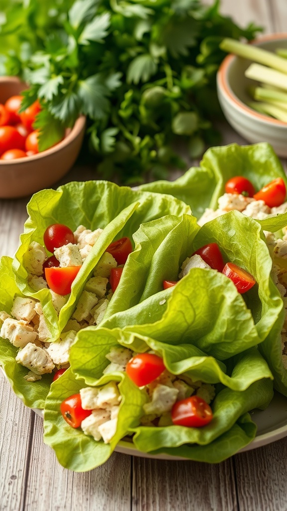 Turkey and veggie lettuce wraps with cherry tomatoes and fresh herbs