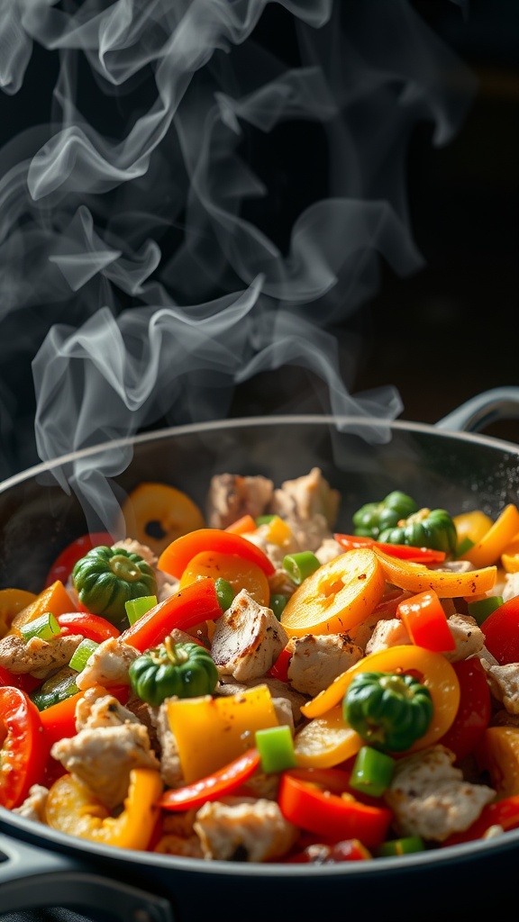 A colorful turkey and veggie stir-fry in a skillet, showcasing vibrant peppers, broccoli, and snap peas.