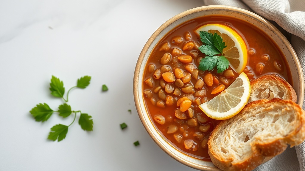 A bowl of Turkish lentil soup with slices of lemon and parsley.