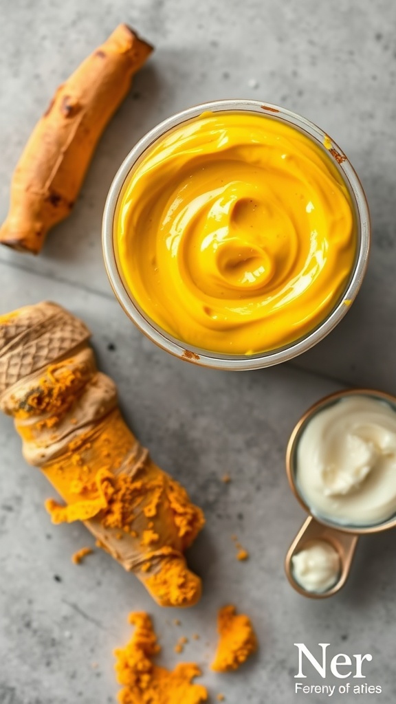 A bowl of bright yellow turmeric and yogurt mask with fresh turmeric root and a spoonful of yogurt beside it.