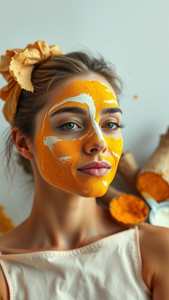 Woman with a turmeric and yogurt face mask, smiling with vibrant yellow paste on her skin.