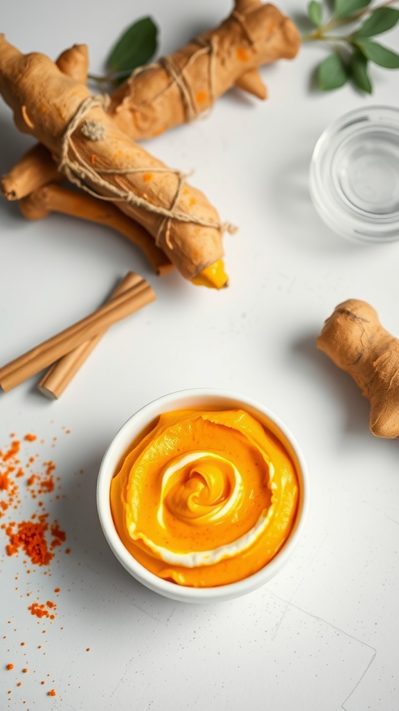 A bowl of yellow turmeric and yogurt paste surrounded by turmeric roots and cinnamon sticks