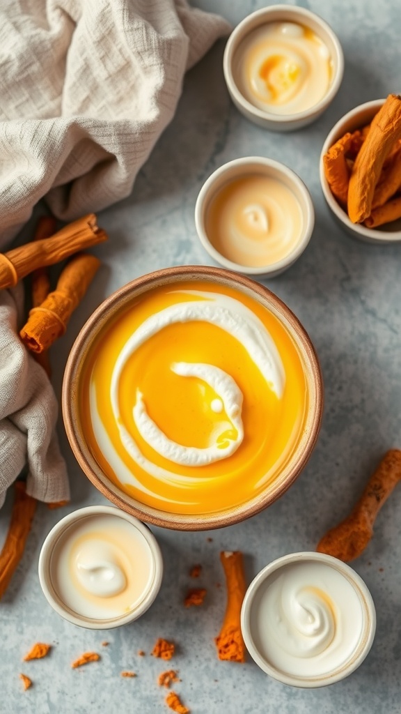 A bowl of turmeric and yogurt mixture with smaller bowls of yogurt and turmeric sticks around it.