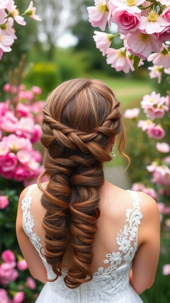 A woman with a twisted crown braid hairstyle surrounded by pink flowers.