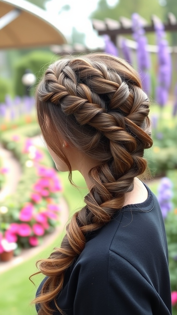 A beautiful twisted crown braid hairstyle with thick braids and soft waves, set against a floral garden background.