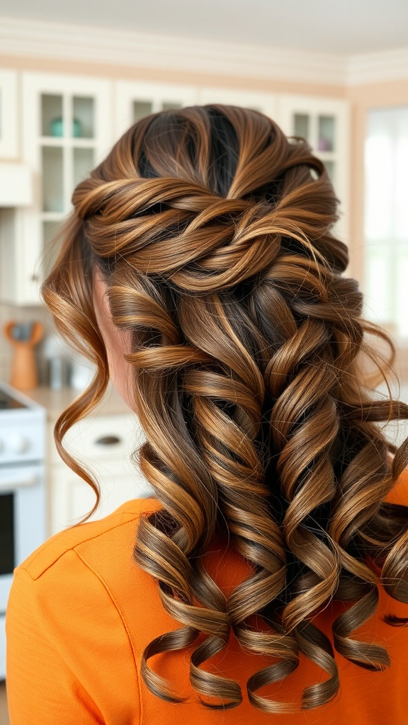 A twisted half-up hairstyle with loose curls, showcasing rich hair tones.