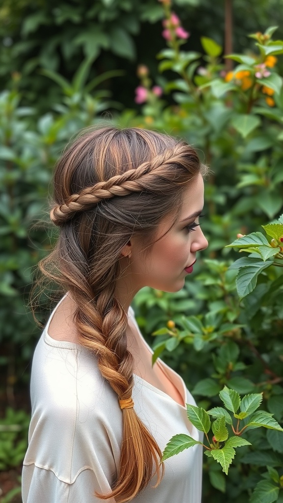 A model with a twisted half crown braid hairstyle surrounded by greenery