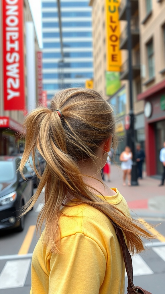 A woman with a twisted side ponytail walking in an urban setting, wearing a yellow top.