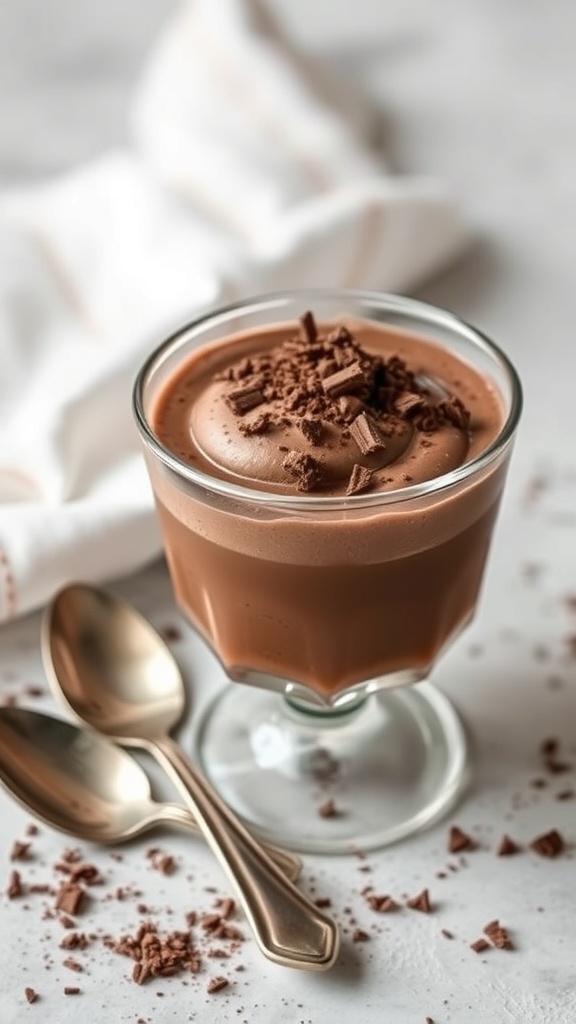 A glass of chocolate mousse topped with chocolate shavings, served with two spoons.