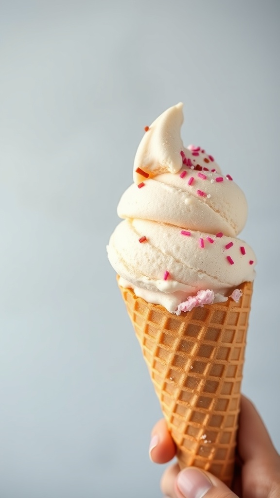 A delicious cone of ice cream topped with colorful sprinkles.