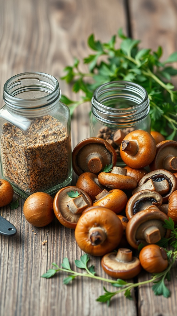 A jar of mushroom seasoning surrounded by fresh mushrooms and herbs, representing a rich umami flavor.
