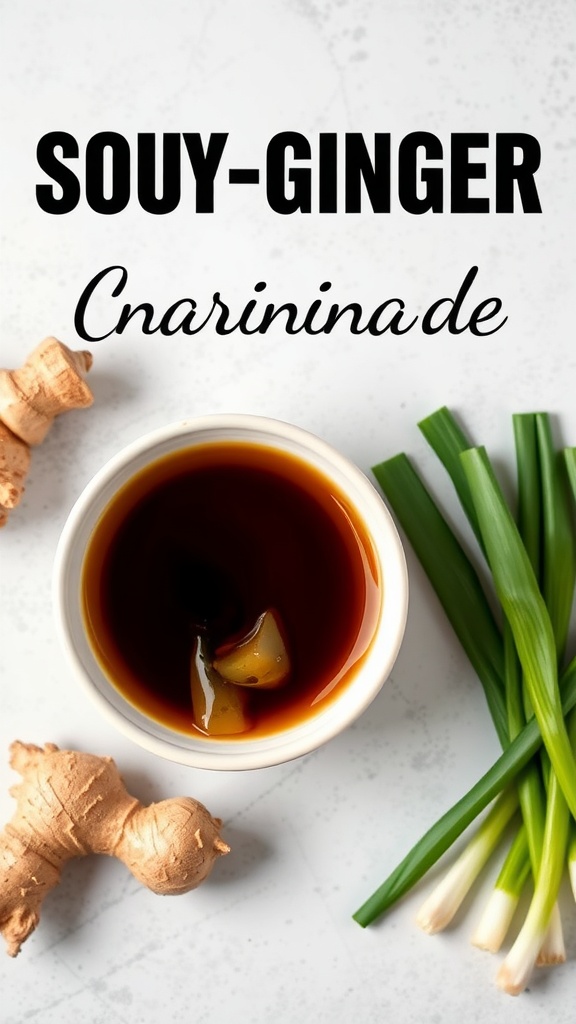 A bowl of soy-ginger marinade with ginger root and green onions beside it