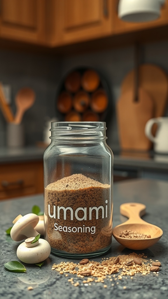 A jar labeled Umami Seasoning with a blend of spices and mushrooms around it.