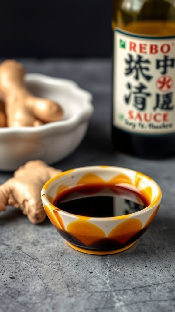 A bowl of soy ginger glaze with ginger root and soy sauce bottle in the background.