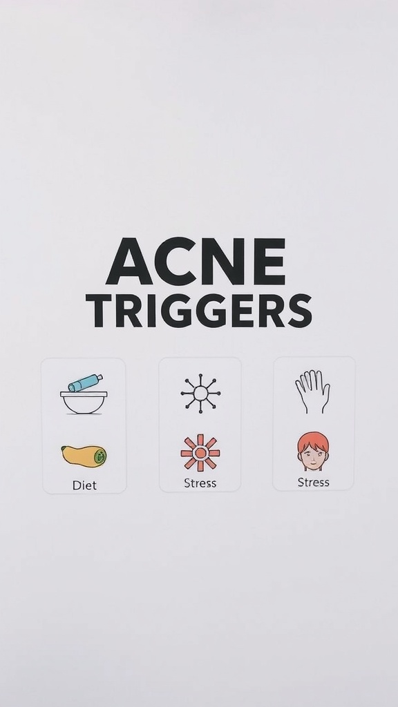 An infographic showing three acne triggers: Diet, Stress, and Skin Contact.