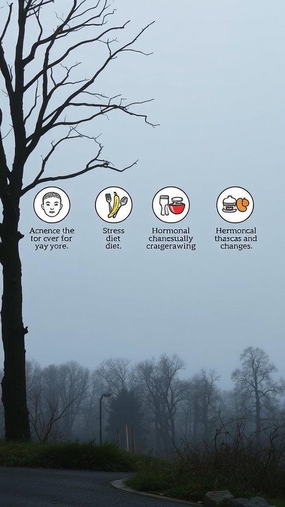 An illustration showing acne triggers: face, bananas representing diet, hormonal changes, and stress.