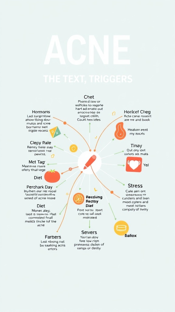 Infographic illustrating various acne triggers including hormones, diet, stress, and skincare routine.