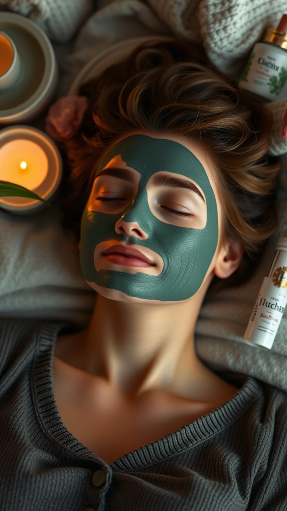 A person relaxing with a green face mask surrounded by calming candles and skincare products.