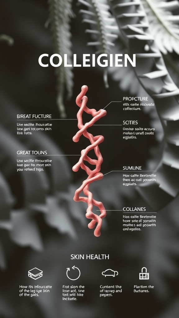 Illustration of collagen structure with labels on its role in skin health