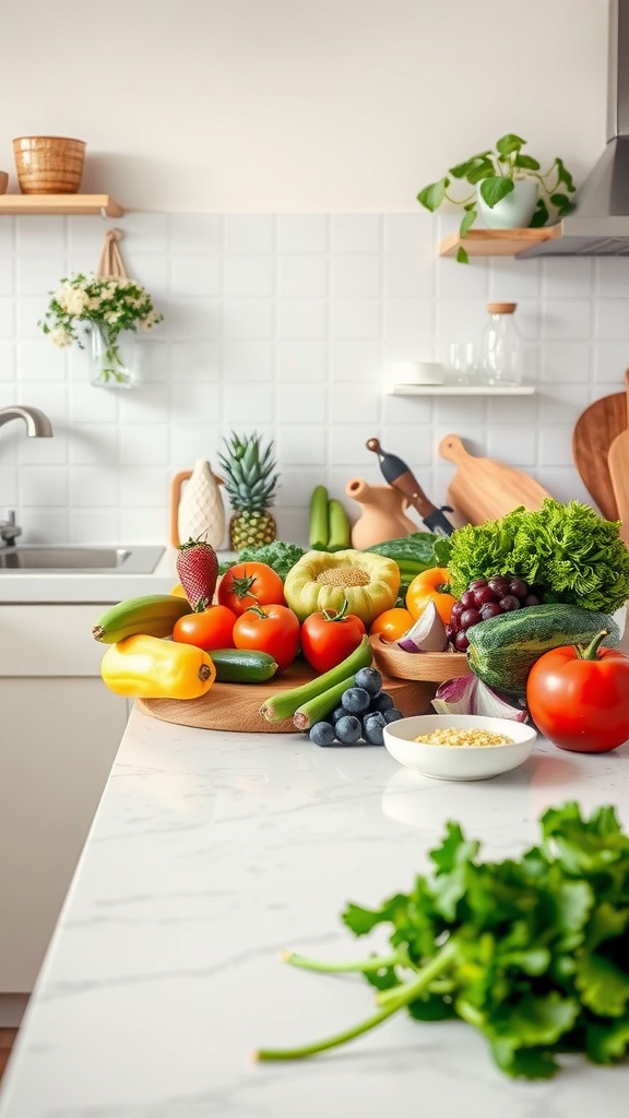 A kitchen counter filled with a variety of fresh fruits and vegetables, showcasing the importance of a healthy diet for skincare.