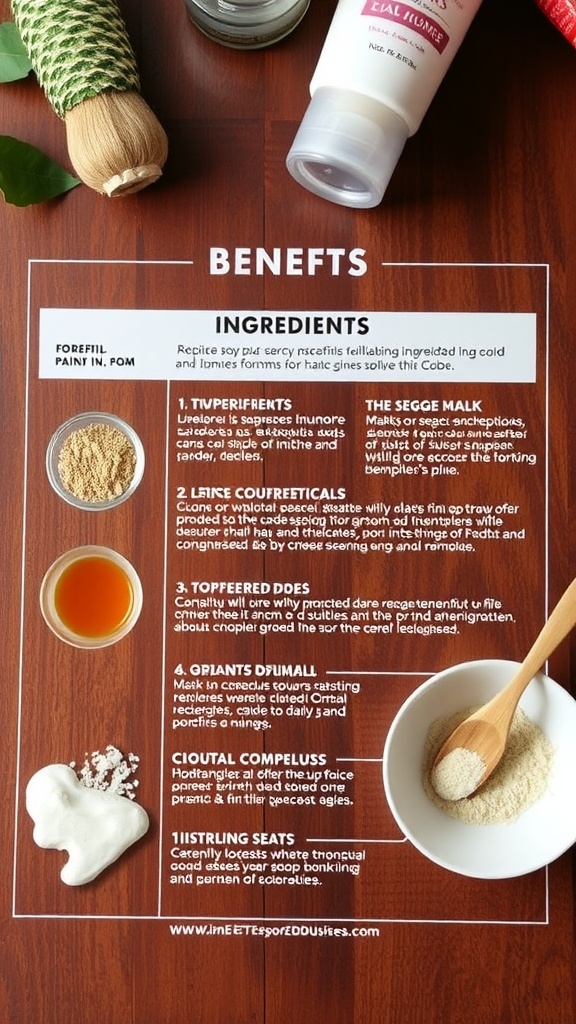 Infographic showing various skincare ingredients and their benefits on a wooden surface with natural elements.