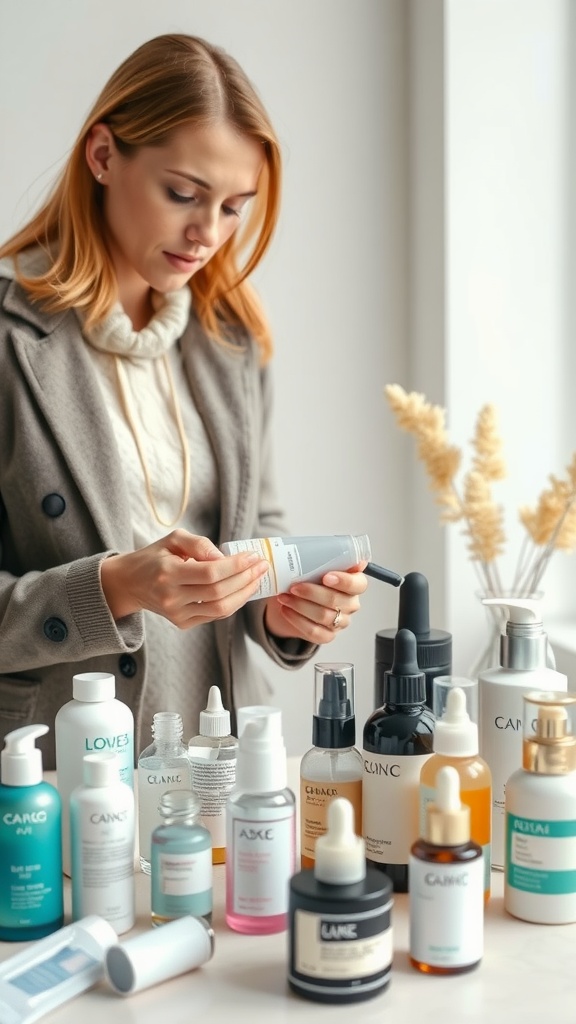 A woman examining a skincare product among various bottles on a table.