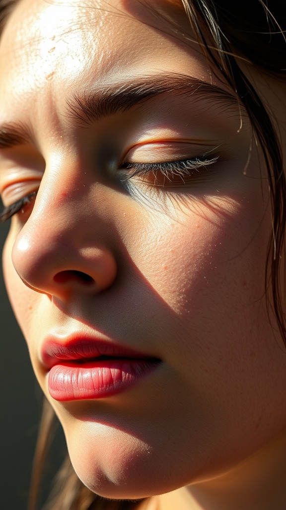 Close-up of a youthful face with glistening skin showing signs of oiliness, reflecting light.