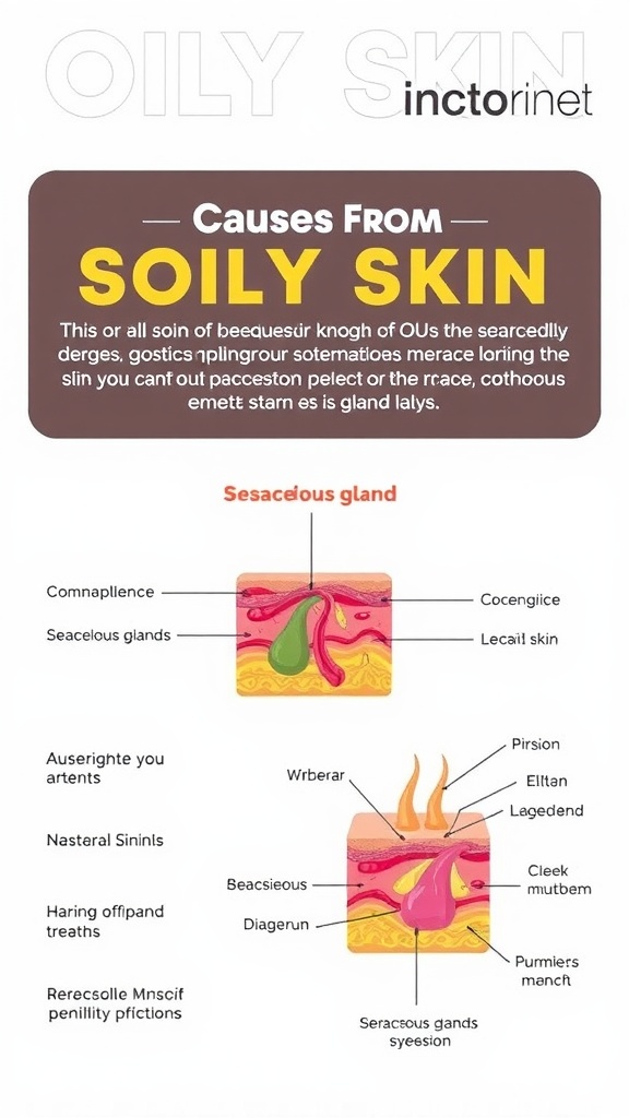 Diagram showing the causes of oily skin with labeled sebaceous glands.