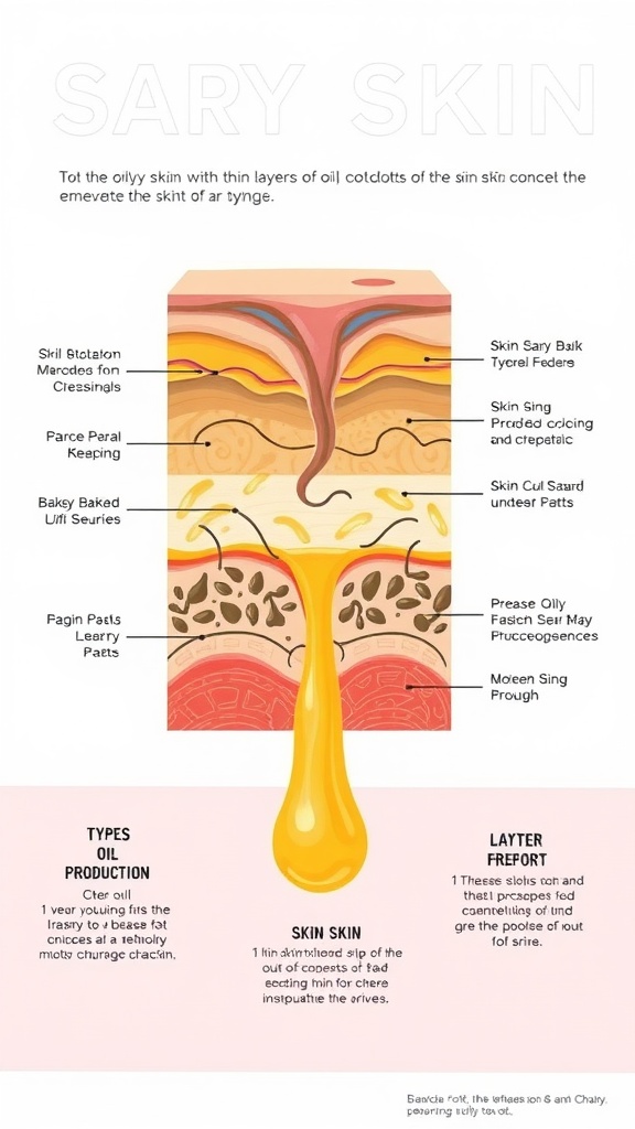 Illustration of oily skin cross-section showing layers and oil production