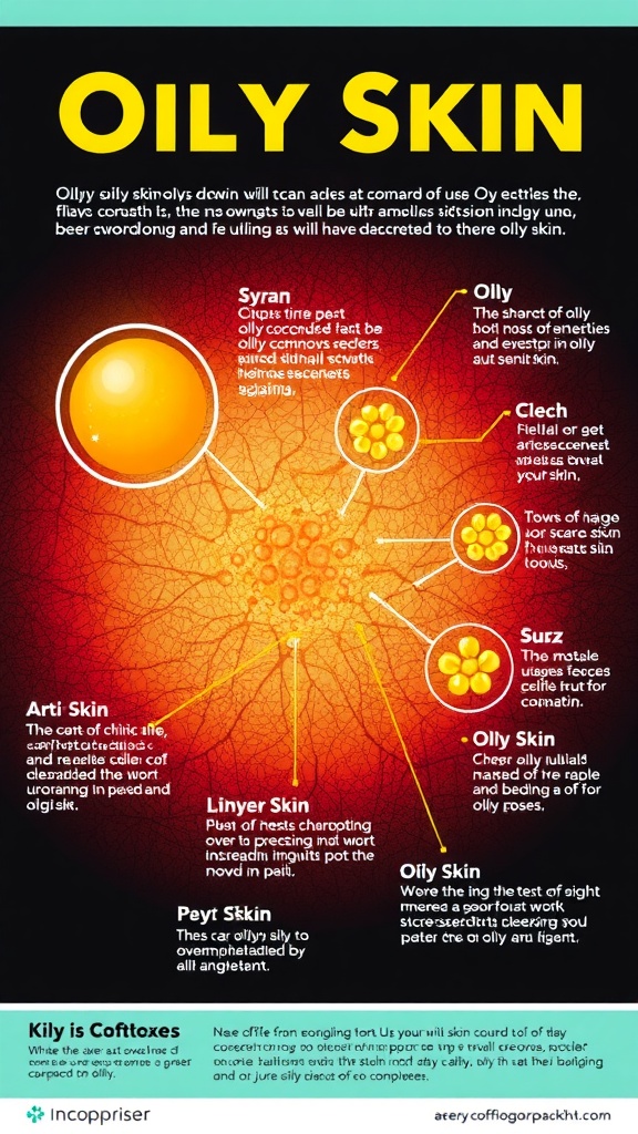 Infographic detailing characteristics of oily skin types and related skin conditions