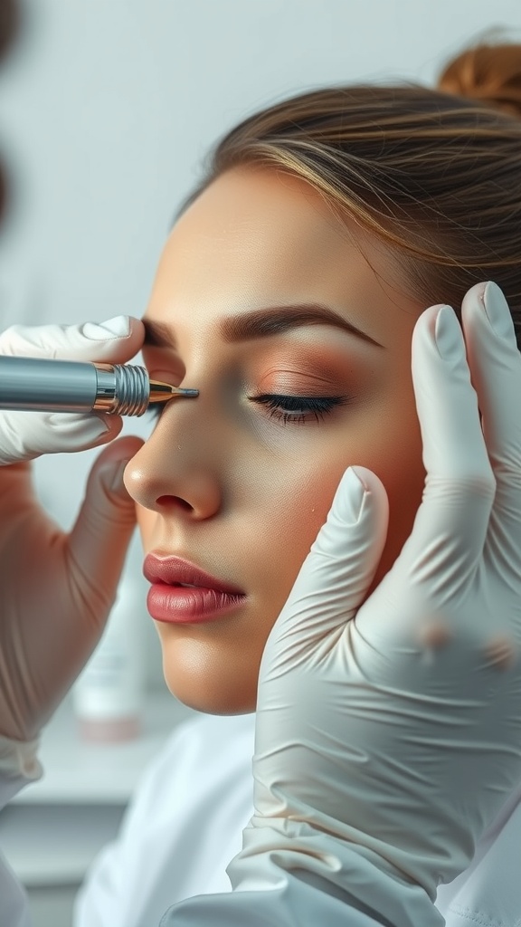 A skincare professional applying treatment to a woman's face, focusing on oily skin management.