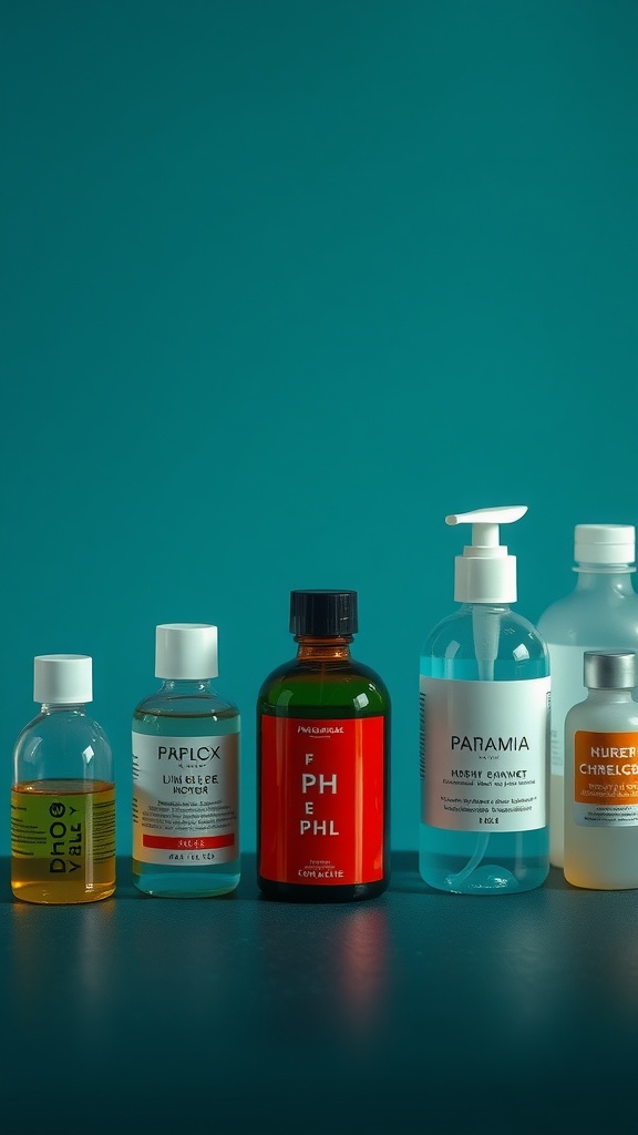 A variety of skincare products on a teal background, showcasing different brands and formulations.
