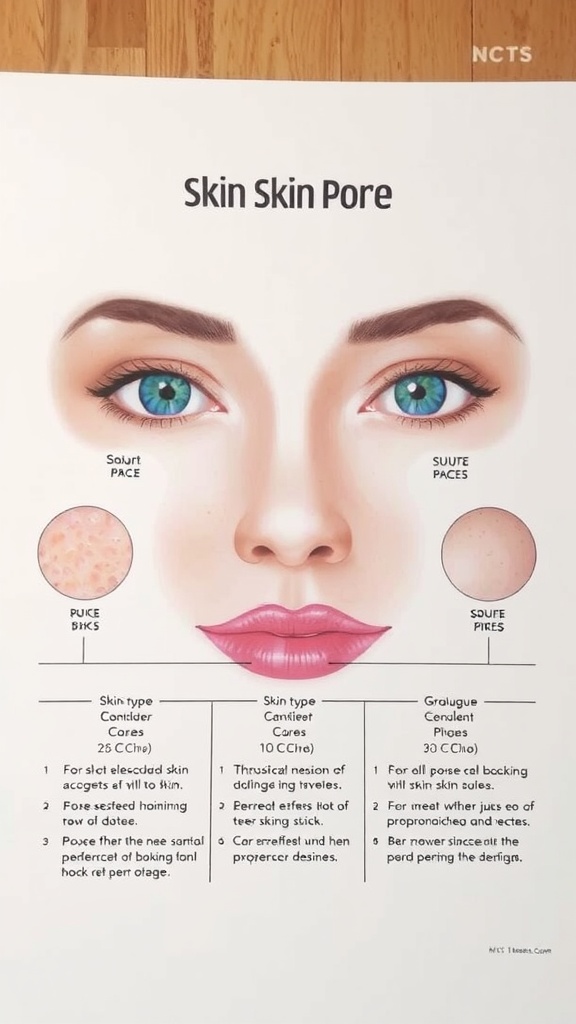 An illustration showing different types of pores and skin types, labeled 'Sour Pace' and 'Suute Paces', with descriptions of each skin type's characteristics.