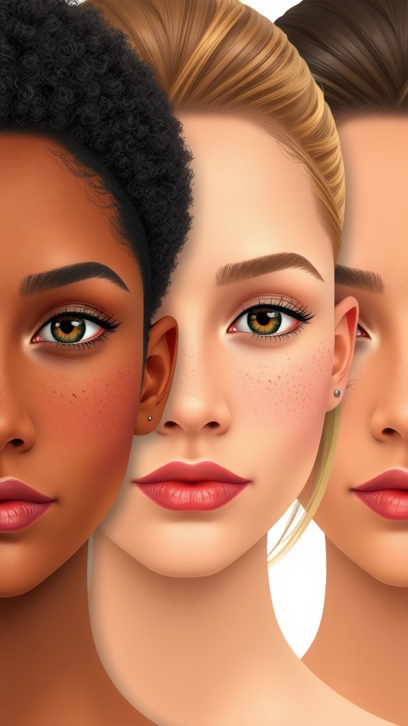Illustration showing three women with diverse skin tones and types, emphasizing variations in pore appearance.