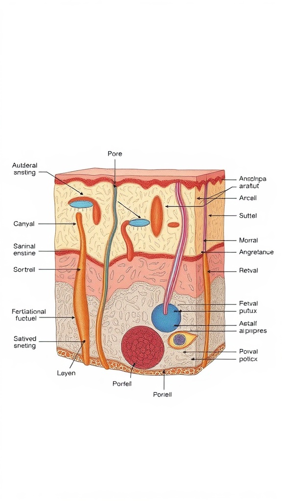 Diagram of skin structure showing pores and glands