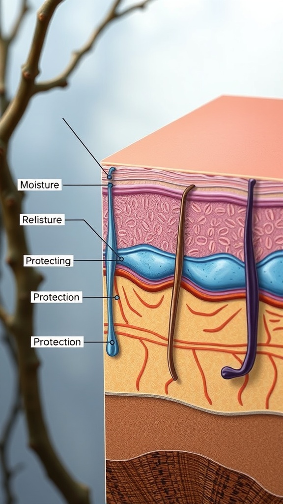 Illustration showing layers of skin with labels indicating moisture, relisture, and protection.