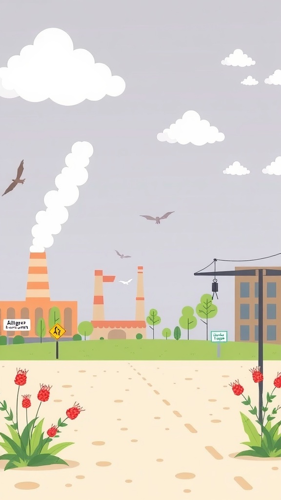 An illustration showing factories, smoke, trees, and flowers in an urban setting.
